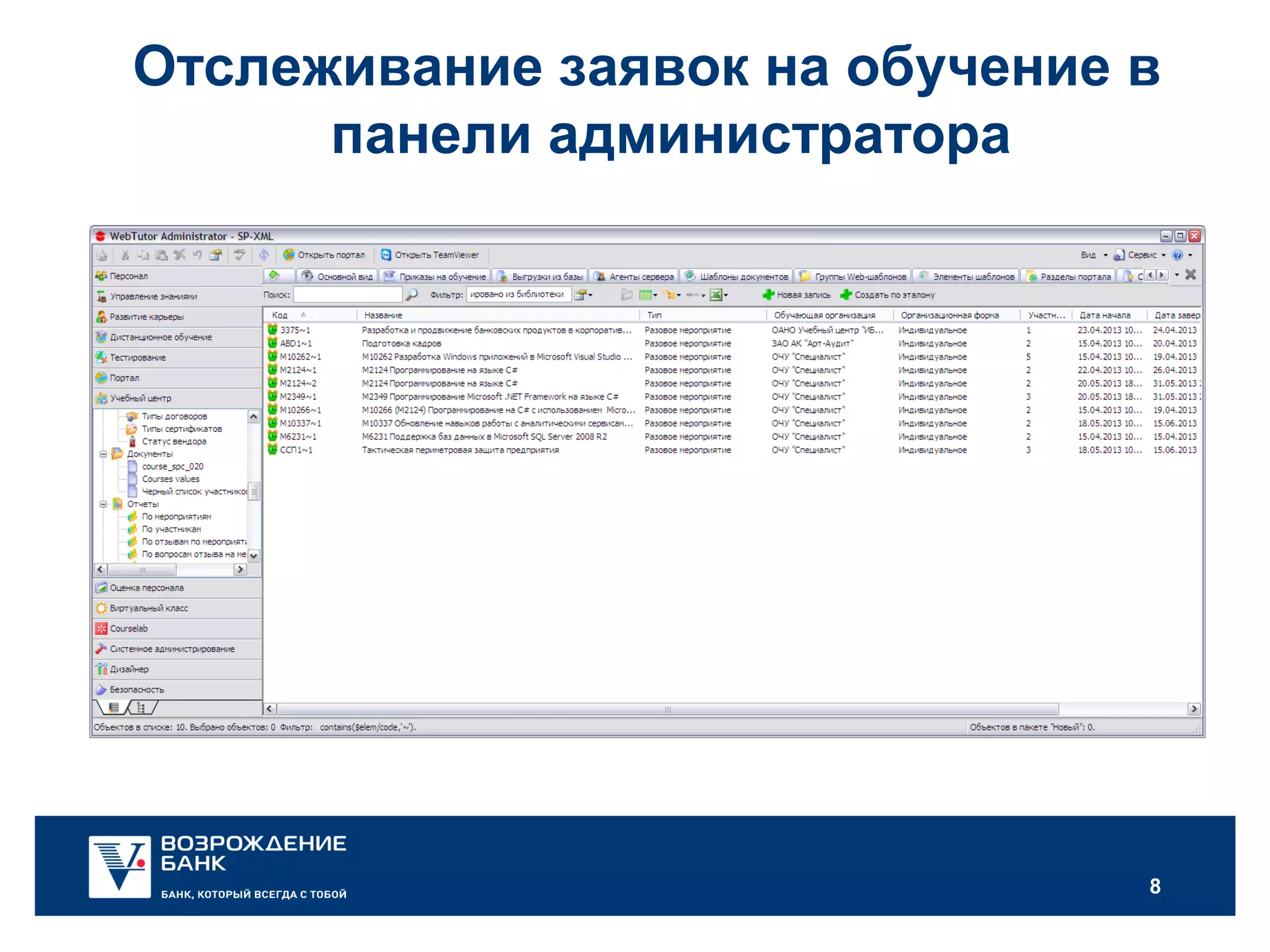 8
Отслеживание заявок на обучение в
панели администратора