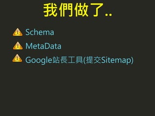 Schema
MetaData
Google站長工具(提交Sitemap)
我們做了..
 