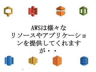 42
AWSは様々な
リソースやアプリケーショ
ンを提供してくれます
が・・
 