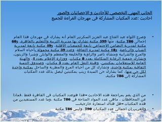 ‫والصور‬ ‫الحصائيات‬ ‫و‬ ‫للحاديث‬ ‫التخصصي‬ ‫المهني‬ ‫الجانب‬
‫للجميع‬ ‫القراءة‬ ‫مهرجان‬ ‫في‬ ‫المشاركة‬ ‫المكتبات‬ ‫:عدد‬ ‫احاديث‬
•‫العام‬ ‫هذا‬ ‫مهرجان‬ ‫فى‬ ‫يشارك‬ ‫أنه‬ ‫العام‬ ‫السكرتير‬ ‫العزيز‬ ‫عبد‬ ‫الفتاح‬ ‫عبد‬ ‫اللواء‬ ‫وصرح‬
‫إجمالى‬786‫مكتبة‬‫منها‬ ،599،‫بالقاهرة‬ ‫والتعليم‬ ‫التربية‬ ‫مديرية‬ ‫بها‬ ‫تشارك‬ ‫مكتبة‬‫و‬60
‫الهلية‬ ‫للجمعيات‬ ‫تابعة‬ ‫الجتماعى‬ ‫التضامن‬ ‫لمديرية‬ ‫مكتبة‬،‫و‬49‫لمديرية‬ ‫تابعة‬ ‫مكتبة‬
‫والرياضة‬ ‫الشباب‬،‫و‬18‫الثقافة‬ ‫لمديرة‬ ‫مكتبة‬،‫وعدد‬39‫ب‬ ‫محمولة‬ ‫مكتبة‬‫السلم‬ ‫أحياء‬
،‫والزيتون‬ ‫وشبرا‬ ‫والوايلى‬ ‫والمقطم‬ ‫والخليفة‬ ‫والزاوية‬ ‫ناصر‬ ‫ومنشأة‬ ‫والشرابية‬ ‫والمر ج‬
‫بعدد‬ ‫المتكاملة‬ ‫الرعاية‬ ‫جمعية‬ ‫وتشارك‬8‫مكتبات‬،‫بعدد‬ ‫العلم‬ ‫ووزارة‬4،‫والهيئة‬
‫بمكتبتين‬ ‫للستعلمات‬ ‫العامة‬،‫بعدد‬ ‫العام‬ ‫النقل‬ ‫وهيئة‬5‫مكتبات‬،‫التنمية‬ ‫وصندوق‬
،‫واحدة‬ ‫بمكتبة‬ ‫الثقافية‬‫والساحل‬ ‫والمطرية‬ ‫المر ج‬ ‫أحياء‬ ‫من‬ ‫كل‬ ‫وتشارك‬‫واحدة‬ ‫بمكتبة‬
‫منها‬ ‫حى‬ ‫لكل‬‫المكتبات‬ ‫عدد‬ ‫بذلك‬ ‫ليصل‬ ‫بمكتبتين‬ ‫زينب‬ ‫السيدة‬ ‫حى‬ ‫يشارك‬ ‫كما‬ ،
‫إلى‬ ‫المشاركة‬786‫مكتبة‬.
•–‫،فماذا‬ ‫فقط‬ ‫القاهرة‬ ‫في‬ ‫المكتبات‬ ‫هوعدد‬ ‫هذا‬ ‫الحاديث‬ ‫هذه‬ ‫بمراجعة‬ ‫يقم‬ ‫الذي‬ ‫من‬
‫في‬ ‫المتاحة‬ ‫المواد‬ ‫عدد‬ ‫ماهي‬ ، ‫المحافظات‬ ‫عن‬786‫من‬ ‫المستفيدين‬ ‫عدد‬ ‫،وما‬ ‫مكتبة‬
.... –‫خارجية‬ ‫استعارة‬ ‫هناك‬ ‫هل‬ ‫المكتبات‬ ‫هذه‬
•‫المكتبات‬ ‫عدد‬ ‫اجمالي‬ ‫ان‬ ‫والغريب‬790‫وليس‬786‫مكتبة‬
 