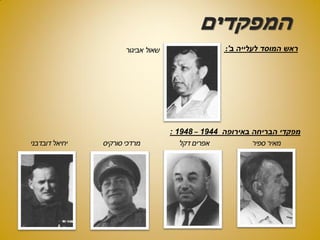 :'‫ב‬ ‫לעלייה‬ ‫המוסד‬ ‫ראש‬
‫המפקדים‬
: 1948 – 1944 ‫באירופה‬ ‫הבריחה‬ ‫מפקדי‬
 