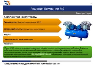 Решения Компании М7
Компрессора
21
3. ПОРШНЕВЫЕ КОМПРЕССОРА
Задача:
Решение:
Предлагаемый продукт: МАСЛО ТНК КОМПРЕССОР VDL 220
Применяется: Компрессорное масло КС-19
Условия работы: Круглогодичная эксплуатация
Снижение затрат на эксплуатацию
Масло КС-19, является устаревшим продуктом и обладает низкими эксплуатационными свойствами. В процессе
работы на этом масле в компрессорах наблюдается накопление отложений углеродистых отложений на
выпускных клапанах и линиях, также происходит эмульгирование масла. Для решения данных проблем
рекомендуется использовать масло ТНК КОМПРЕССОР VDL 220, обладающего отличными антиокислительными,
диэмульгирующими и антипенными свойствами.
 