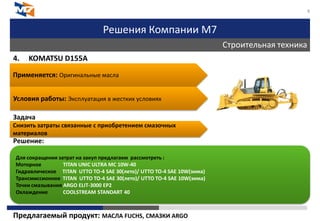 Решения Компании М7
Строительная техника
8
4. KOMATSU D155A
Задача
Решение:
Предлагаемый продукт: МАСЛА FUCHS, СМАЗКИ ARGO
Применяется: Оригинальные масла
Условия работы: Эксплуатация в жестких условиях
Снизить затраты связанные с приобретением смазочных
материалов
Для сокращения затрат на закуп предлагаем рассмотреть :
Моторное TITAN UNIC ULTRA MC 10W-40
Гидравлическое TITAN UTTO TO-4 SAE 30(лето)/ UTTO TO-4 SAE 10W(зима)
Трансмиссионное TITAN UTTO TO-4 SAE 30(лето)/ UTTO TO-4 SAE 10W(зима)
Точки смазывания ARGO ELIT-3000 EP2
Охлаждение COOLSTREAM STANDART 40
 
