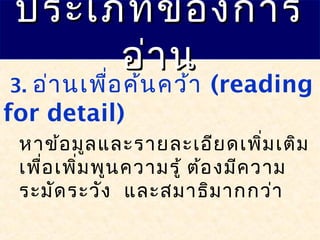 3. อ่านเพื่อค้นคว้า (reading
for detail)
หาข้อมูลและรายละเอียดเพิ่มเติม
เพื่อเพิ่มพูนความรู้ ต้องมีความ
ระมัดระวัง และสมาธิมากกว่า
ประเภทของการประเภทของการ
อ่านอ่าน
 