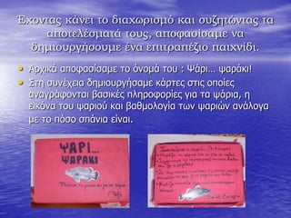 Έχοντας κάνει το διαχωρισμό και συζητώντας τα
αποτελέσματά τους, αποφασίσαμε να
δημιουργήσουμε ένα επιτραπέζιο παιχνίδι.
• Αξρηθά απνθαζίζακε ην όλνκά ηνπ : Ψάξη… ςαξάθη!
• Σηε ζπλέρεηα δεκηνπξγήζακε θάξηεο ζηηο νπνίεο
αλαγξάθνληαη βαζηθέο πιεξνθνξίεο γηα ηα ςάξηα, ε
εηθόλα ηνπ ςαξηνύ θαη βαζκνινγία ησλ ςαξηώλ αλάινγα
κε ην πόζν ζπάληα είλαη.
 