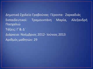 Δθμοτικό Σχολείο Γραβοφνασ- Γζροντα- Ηαρκαδιάσ
Εκπαιδευτικοί: Τραμουντάνθ Μαρία, Αλεξανδρι
Παςχαλιώ
Τάξεισ: Γ΄& Δ΄
Διάρκει...