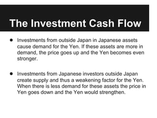The Investment Cash Flow
● Investments from outside Japan in Japanese assets
cause demand for the Yen. If these assets are more in
demand, the price goes up and the Yen becomes even
stronger.
● Investments from Japanese investors outside Japan
create supply and thus a weakening factor for the Yen.
When there is less demand for these assets the price in
Yen goes down and the Yen would strengthen.
 