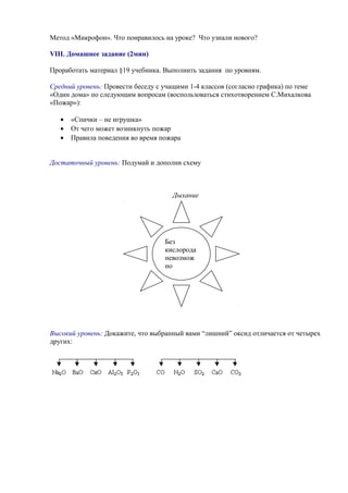 Метод «Микрофон». Что понравилось на уроке? Что узнали нового?
VIII. Домашнее задание (2мин)
Проработать материал §19 учебника. Выполнить задания по уровням.
Средний уровень: Провести беседу с учащими 1-4 классов (согласно графика) по теме
«Один дома» по следующим вопросам (воспользоваться стихотворением С.Михалкова
«Пожар»):
• «Спички – не игрушка»
• От чего может возникнуть пожар
• Правила поведения во время пожара
Достаточный уровень: Подумай и дополни схему
Дыхание
Высокий уровень: Докажите, что выбранный вами “лишний” оксид отличается от четырех
других:
Без
кислорода
невозмож
но
 