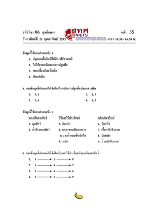 รหัสวิชา 06 สุขศึกษาฯ หนา 35
วันอาทิตยที่ 21 กุมภาพันธ 2553 เวลา 14.30 - 16.30 น.
ขอมูลนี้ใชตอบคําถามขอ 8
1. ปลูกบนพื้นดินที่ไมมีการใชสารเคมี
2. ไมใชสารเคมีตลอดการปลูกพืช
3. เพาะเลี้ยงดวยเนื้อเยื่อ
4. ตัดแตงยีน
8. จากขอมูลที่กําหนดให ขอใดเปนหลักการปลูกพืชปลอดสารพิษ
1. 3, 4 2. 1, 3
3. 2, 4 4. 1, 2
ขอมูลนี้ใชตอบคําถามขอ 9
ของเสียจากสัตว วิธีการใชประโยชน ผลิตภัณฑใหม
1. มูลสัตว 3. อัดแทง 6. ปุยแหง
2. น้ําลางคอกสัตว 4. กรองของเสียจากการ 7. เชื้อเพลิงชีวภาพ
ระบายน้ําแบบขั้นบันได 8. ปุยหมัก
5. หมัก 9. น้ําหมักชีวภาพ
9. จากขอมูลที่กําหนดให ขอใดเปนการใชประโยชนของเสียจากสัตว
1. 1 3 8
2. 1 4 7
3. 2 4 6
4. 2 3 9
 