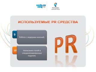 9
Работа с лидерами мнений;
10 Написание статей в
специализированные
издания;
 