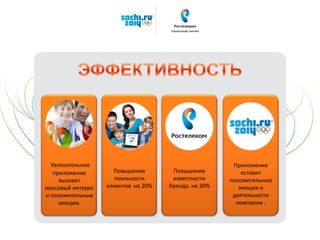 Увлекательное
приложение
вызовет
массовый интерес
и положительные
эмоции.
Повышение
известности
бренда. на 30%
Повышение
лояльности
клиентов на 20%
Приложение
оставит
положительные
эмоции о
деятельности
компании .
 