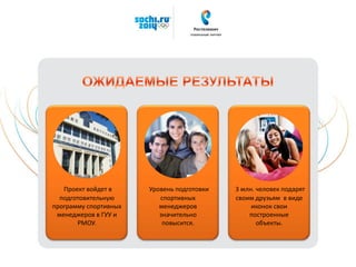 Проект войдет в
подготовительную
программу спортивных
менеджеров в ГУУ и
РМОУ.
Уровень подготовки
спортивных
менеджеров
значительно
повысится.
3 млн. человек подарят
своим друзьям в виде
иконок свои
построенные
объекты.
 