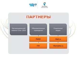 Организационный
комитет Сочи -2014
Образовательные
учреждения
Социальные
медиа
РМОУ Mail.ru
ГУУ Vkontakte.ru
 