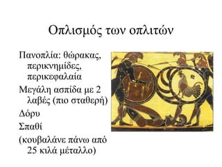 Οπλισμός των οπλιτών
Πανοπλία: θώρακας,
περικνημίδες,
περικεφαλαία
Μεγάλη ασπίδα με 2
λαβές (πιο σταθερή)
Δόρυ
Σπαθί
(κουβαλάνε πάνω από
25 κιλά μέταλλο)
 