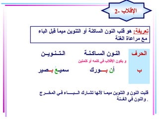 :‫تعريفة‬‫الباء‬ ‫قبل‬ ‫ا‬ً ‫ميم‬ ‫التنوين‬ ‫أو‬ ‫الساكنة‬ ‫النو ن‬ ‫قلب‬ ‫هو‬
‫الغنة‬ ‫مراعاة‬ ‫مع‬
‫الـتــنـويــن‬ ‫السـاكـنـة‬ ‫النـون‬
‫كلمتين‬ ‫أو‬ ‫كلمه‬ ‫في‬ ‫القلب‬ ‫يكون‬ ‫و‬
‫الحرف‬
‫سميـ‬‫ع‬ُ‫بــ‬‫صير‬ ‫أ‬‫ن‬‫بـــ‬‫ـورك‬ ‫ب‬
‫المخـــرج‬ ‫فـي‬ ‫الـــبـــــاء‬ ‫تشـارك‬ ‫لنها‬ ‫ميمـا‬ ‫التنوين‬ ‫و‬ ‫النون‬ ‫قلبت‬
‫الغــنة‬ ‫في‬ ‫والنون‬ .
2- ‫القلب‬
 