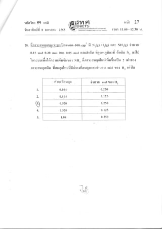 uad
:l4cr?Yr 59 rflrJ
vadi
?uolllnu?r 8 iln:tFrlJ 2555 @'#ffi*,*:#:H
,^n
r{ur ,L I
[?at 11.00 - 12.30 u.
dat-l<
28. finrryailqaroq:vuuflnzuurfl soO "a?' fi xrte) ur(u) uar NI{.(g) otu?u
ov;q;e)4
0.15 mot 0.20 mol rray 0.0s mot erllJdrrYu frqaru4finrsfi #rrfiru ru, al'hJ
is
1u : vu u rnool#n r r r r rr7ru cYuzu o s N u., fi n r r v aru q nbi ri rfi ru fi urfl u z tvi t t o s
tv
Rr?vcrilEarorru ficrruqalmrififinirersfiaruqatravdruru mbt toq H, tvir'lo
ntfl'tncrilaarq dturu mol ttoil H,
0.1 04 0.250
0.104 0.1 25
0.520 0.250
0.520 0.1 25
t.04 0.250
1.
2.
e
4.
5.
-l6)
tPt
t,-{c',
 