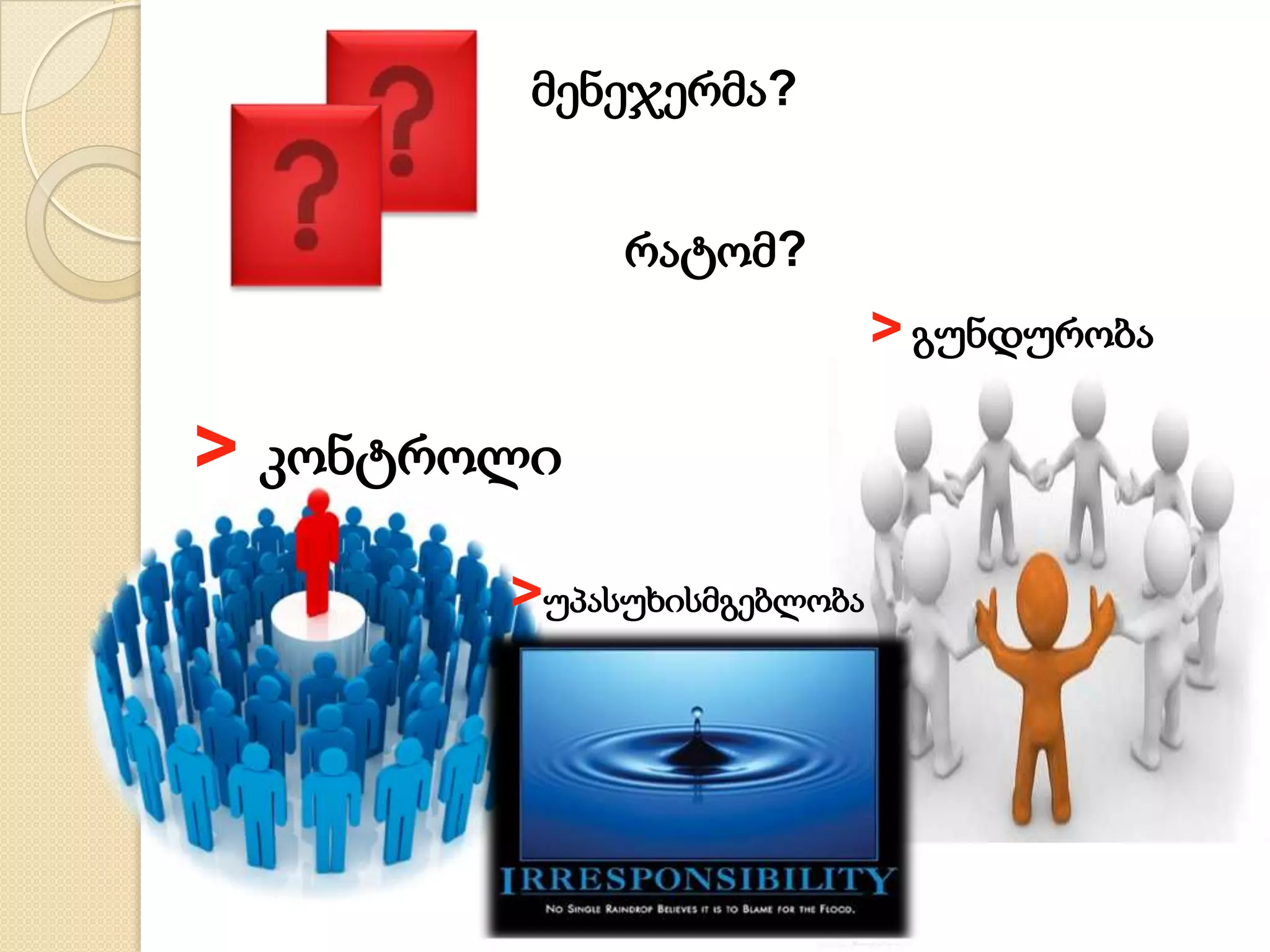 > კონტროლი
მენეჯერმა?
რატომ?
> გუნდურობა
>უპასუხისმგებლობა
 