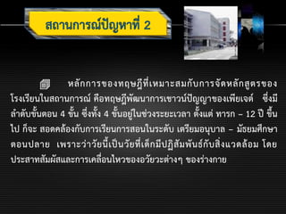  หลักการของทฤษฎีที่เหมาะสมกับการจัดหลักสูตรของ
โรงเรียนในสถานการณ์ คือทฤษฎีพัฒนาการเชาวน์ปัญญาของเพียเจต์ ซึ่งมี
ลาดับขั้นตอน 4 ขั้น ซึ่งทั้ง 4 ขั้นอยู่ในช่วงระยะเวลา ตั้งแต่ ทารก – 12 ปี ขึ้น
ไป ก็จะ สอดคล้องกับการเรียนการสอนในระดับ เตรียมอนุบาล – มัธยมศึกษา
ตอนปลาย เพราะว่าวัยนี้เป็นวัยที่เด็กมีปฏิสัมพันธ์กับสิ่งแวดล้อม โดย
ประสาทสัมผัสและการเคลื่อนไหวของอวัยวะต่างๆ ของร่างกาย
 