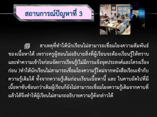  สาเหตุที่ทาให้นักเรียนไม่สามารถเชื่อมโยงความสัมพันธ์
ของเนื้อหาได้ เพราะครูผู้สอนไม่อธิบายสิ่งที่ผู้เรียนจะต้องเรียนรู้ให้ทราบ
และทาความเข้าใจก่อนจัดการเรียนรู้(ไม่มีการแจ้งจุดประสงค์และโครงเรื่อง
ก่อน )ทาให้นักเรียนไม่สามารถเชื่อมโยงความรู้ใหม่จากหนังสือเรียนเข้ากับ
ความรู้เดิมได้ ทั้งจากความรู้เดิมก่อนเรียนเนื้อหานี้ และ ในคาบถัดไปที่มี
เนื้อหาซับซ้อนกว่าเดิมผู้เรียนก็ยังไม่สามารถเชื่อมโยงความรู้เดิมจากคาบที่
แล้วได้จึงทาให้ผู้เรียนไม่สามรถอธิบายความรู้ดังกล่าวได้
 