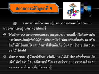  สามารถนาหลักการทฤษฎีประมวลสารสนเทศ ไปออกแบบ
การจัดการเรียนรู้ในสภาพจริงได้ดังนี้
 ใช้หลักการประมวลสารสนเทศของมนุษย์มาออกแบบสื่อหรือกิจกรรมใน
การจัดการเรียนรู้เพื่อให้ผู้เรียนเกิดการบันทึกผัสสะเป็นเบื้องต้น และเป็น
สิ่งเร้าที่ผู้เรียนสนใจและเกิดการใส่ใจเพื่อเก็บเป็นความจาระยะสั้น ระยะ
ยาวไว้ใช้ต่อไป
 นากระบวนการรู้จักมาใช้ในการจัดกิจกรรมให้เข้ากับระดับชั้นของเด็ก
เพื่อให้เข้ากับข้อมูลที่สะสมไว้ในความจาระยะยาวของเด็กและ
ความสามารถในการเชื่อมโยงความรู้
 