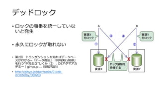 デッドロック
• ロックの順番を統一していな
いと発生
• 永久にロックが取れない
• 第2回 トランザクションを知ればデータベー
スがわかる―「データ復旧」「同時実行制御」
を行う“不完全な”しくみ（3）：DBアタマアカ
デミー｜gihyo.jp … 技術評論社
• http://gihyo.jp/dev/serial/01/db-
academy/000203
 