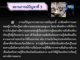  การแก้ปัญหาจากสถานการณ์ปัญหานี้ อาศัยหลักการและ
ทฤษฎีการเรียนรู้อย่างมีความหมายของออซูเบล โดยอาศัยหลักการที่เชื่อว่า
การเรียนรู้อย่างมีความหมายของผู้เรียนเกิดจากผู้สอนอธิบายสิ่งที่จะต้อง
เรียนรู้ให้ผู้เรียนทราบ และ เข้าใจเห็นความสัมพันธ์ของความรู้เดิมที่ตนมีใน
ความทรงจาและนามาใช้ในอนาคต เช่น การแจ้งวัตถุประสงค์หรือกรอบ
เนื้อหาที่นักเรียนจะเรียนให้ทราบ ความรู้หรือสาระที่นักเรียนต้องเรียนรู้ในแต่
ละคาบเมื่อถึงคาบถัดไปก็มีการเชื่อโยงความรู้ที่ได้มาจากคาบที่แล้วมาอธิบาย
เชื่อมโยงกับความรู้ที่จะเรียนใหม่ในแต่ละคาบ จะทาให้ผู้เรียนเกิดการเรียนรู้
อย่างมีความหมาย
 