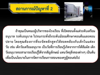 ถ้าคุณเป็นคณะผู้บริหารของโรงเรียน ที่เปิดสอนตั้งแต่ระดับเตรียม
อนุบาล ระดับอนุบาล ไปจนกระทั่งถึงระดับมัธยมศึกษาตอนต้นและตอน
ปลาย โดยคุณต้องการที่จะจัดหลักสูตรให้สอดคล้องกับเด็กในแต่ละ
วัย เช่น เด็กวัยเตรียมอนุบาล เป็นวัยที่การเรียนรู้เกิดจากการได้สัมผัส เด็ก
วัยอนุบาลจะสามารถเรียนรู้ได้จากสัญลักษณ์ แทนวัตถุสิ่งของต่างๆ เป็นต้น
เพื่อเป็นนโยบายในการจัดการเรียนการสอนของครูผู้สอนต่อไป
 