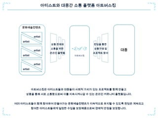 아티스트와 대중간 소통 플랫폼 아트버스킹
아트버스킹은 아티스트들과 대중들이 사회적 가치가 있는 프로젝트를 함께 만들고
상품을 통해 서로 소통함으로써 이를 지속시켜나갈 수 있는 온라인 커뮤니티 플랫폼입니다.
여러 아티스트들이 함께 참여하여 만들어가는 문화예술컨텐츠가 지속적으로 유지될 수 있도록 펀딩은 계속되고
참여한 아티스트들에게 일정한 수입을 보장해줌으로써 경제적 안정을 보장합니다.
아트버스킹
artist
artist
artist
artist
artist
artist
문화예술컨텐츠
상품 판매와
소통을 위한
온라인 플랫폼
펀딩을 통한
상품구매 및
프로젝트 참여
대중
 
