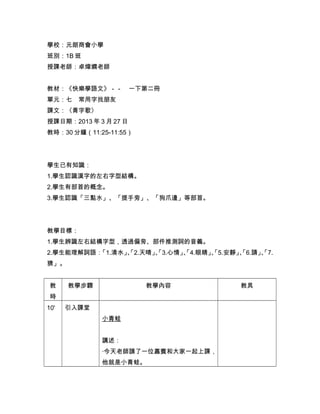 學校：元朗商會小學
班別：1B 班
授課老師：卓煒嫻老師
教材：《快樂學語文》－－　一下第二冊
單元：七　常用字找朋友
課文：〈青字歌〉
授課日期：2013 年 3 月 27 日
教時：30 分鐘（11:25-11:55）
學生已有知識：
1.學生認識漢字的左右字型結構。
2.學生有部首的概念。
3.學生認識「三點水」、「提手旁」、「狗爪邊」等部首。
教學目標：
1.學生辨識左右結構字型，透過偏旁、部件推測詞的音義。
2.學生能理解詞語：「1.清水」、「2.天晴」、「3.心情」、「4.眼睛」、「5.安靜」、「6.請」、「7.
猜」。
教
時
教學步驟 教學內容 教具
10' 引入課堂
小青蛙
講述：
‧今天老師請了一位嘉賓和大家一起上課，
他就是小青蛙。
 