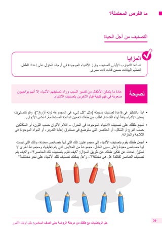 ‫المحتملة؟‬ ‫الفرص‬ ‫ما‬
‫الحياة‬ ‫أجل‬ ‫من‬ ‫التصنيف‬
‫المزايا‬
‫الطفل‬ ‫إعداد‬ ‫على‬ ‫المنزل‬ ‫أرجاء‬ ‫في‬ ‫الموجودة‬ ‫األشياء‬ ‫وفرز‬ ‫لتصنيف‬ ‫األولى‬ ‫التجارب‬ ‫تساعد‬
.‫مغزى‬ ‫ذات‬ ‫فئات‬ ‫ضمن‬ ‫البيانات‬ ‫لتنظيم‬
‫نصيحة‬‫يواجهون‬ ‫أنهم‬ ‫إال‬ ‫األشياء‬ ‫تصنيفهم‬ ‫وراء‬ ‫السبب‬ ‫تفسير‬ ‫من‬ ‫األطفال‬ ‫يتمكن‬ ‫ما‬ ‫عادة‬
.‫األشياء‬ ‫بتصنيف‬ ‫اآلخرين‬ ‫قيام‬ ‫كيفية‬ ‫فهم‬ ‫في‬ ‫صعوبة‬
‫األمور‬ ‫أولياء‬ ‫دليل‬ :‫السادس‬ ‫الصف‬ ‫حتى‬ ‫الروضة‬ ‫مرحلة‬ ‫من‬ ‫طفلك‬ ‫مع‬ ‫الرياضيات‬ ‫حل‬
30
‫بتصنيف‬ ‫وقم‬ ،)”‫أزرق‬ ‫لونه‬ ‫المجموعة‬ ‫في‬ ‫شيء‬ ‫“كل‬ ‫(مثل‬ ‫بسيطة‬ ‫تصنيف‬ ‫قاعدة‬ ‫في‬ ‫بالتفكير‬ ‫	ابدأ‬•
.‫األدوار‬ ‫اعكس‬ .‫مة‬َ‫المستخد‬ ‫القاعدة‬ ‫تخمين‬ ‫طفلك‬ ‫من‬ ‫اطلب‬ .‫القاعدة‬ ‫لهذه‬ ً‫ا‬‫وفق‬ ‫األشياء‬ ‫بعض‬
‫السكاكين‬ ‫أو‬ ،‫اللون‬ ‫حسب‬ ‫األلوان‬ ‫أقالم‬ – ‫المنزل‬ ‫في‬ ‫الموجودة‬ ‫األشياء‬ ‫تصنيف‬ ‫على‬ ‫طفلك‬ ‫	شجع‬•
‫في‬ ‫الموجودة‬ ‫المواد‬ ‫أو‬ ،‫التدوير‬ ‫إعادة‬ ‫صندوق‬ ‫في‬ ‫ستوضع‬ ‫التي‬ ‫العناصر‬ ‫أو‬ ،‫الشكل‬ ‫أو‬ ‫النوع‬ ‫حسب‬
.‫والخزانة‬ ‫الثالجة‬
‫ليست‬ ‫التي‬ ‫وتلك‬ ،‫محددة‬ ‫خصائص‬ ‫لها‬ ‫التي‬ ‫تلك‬ :‫مجموعتين‬ ‫إلى‬ ‫األشياء‬ ‫بتصنيف‬ ‫يقوم‬ ‫طفلك‬ ‫	اجعل‬•
‫ال‬ ‫أخرى‬ ‫ومجموعة‬ ،‫تعليقها‬ ‫يتم‬ ‫التي‬ ‫المالبس‬ ‫من‬ ‫مجموعة‬ ،‫المثال‬ ‫سبيل‬ ‫(على‬ ‫معينة‬ ‫خصائص‬ ‫لها‬
‫يتم‬ ‫و”كيف‬ ،”‫العناصر؟‬ ‫تلك‬ ‫بتصنيف‬ ‫تقوم‬ ‫“كيف‬ :‫السؤال‬ ‫طريق‬ ‫عن‬ ‫طفلك‬ ‫تفكير‬ ‫عن‬ ‫تحدث‬ .)‫تعلق‬
”‫مختلف؟‬ ‫نحو‬ ‫على‬ ‫األشياء‬ ‫تلك‬ ‫تصنيف‬ ‫يمكنك‬ ‫و”هل‬ ،”‫مختلفة؟‬ ‫هي‬ ‫هل‬ ‫كذلك؟‬ ‫العناصر‬ ‫تصنيف‬
 