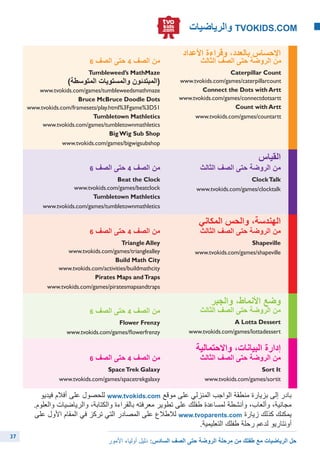 ‫والرياضيات‬ TVOKIDS.COM
‫األعداد‬ ‫وقراءة‬ ،‫بالعدد‬ ‫اإلحساس‬
‫الثالث‬ ‫الصف‬ ‫حتى‬ ‫الروضة‬ ‫من‬
Caterpillar Count
www.tvokids.com/games/caterpillarcount
Connect the Dots with Artt
www.tvokids.com/games/connectdotsartt
Count with Artt
www.tvokids.com/games/countartt
6 ‫الصف‬ ‫حتى‬ 4 ‫الصف‬ ‫من‬
Tumbleweed’s MathMaze
)‫المتوسطة‬ ‫والمستويات‬ ‫(المبتدئون‬
www.tvokids.com/games/tumbleweedsmathmaze
Bruce McBruce Doodle Dots
www.tvokids.com/framesets/play.html%3Fgame%3D51
Tumbletown Mathletics
www.tvokids.com/games/tumbletownmathletics
BigWig Sub Shop
www.tvokids.com/games/bigwigsubshop
‫القياس‬
‫الثالث‬ ‫الصف‬ ‫حتى‬ ‫الروضة‬ ‫من‬
ClockTalk
www.tvokids.com/games/clocktalk
6 ‫الصف‬ ‫حتى‬ 4 ‫الصف‬ ‫من‬
Beat the Clock
www.tvokids.com/games/beatclock
Tumbletown Mathletics
www.tvokids.com/games/tumbletownmathletics
‫المكاني‬ ‫والحس‬ ،‫الهندسة‬
‫الثالث‬ ‫الصف‬ ‫حتى‬ ‫الروضة‬ ‫من‬
Shapeville
www.tvokids.com/games/shapeville
6 ‫الصف‬ ‫حتى‬ 4 ‫الصف‬ ‫من‬
Triangle Alley
www.tvokids.com/games/trianglealley
Build Math City
www.tvokids.com/activities/buildmathcity
Pirates Maps andTraps
www.tvokids.com/games/piratesmapsandtraps
‫والجبر‬ ،‫األنماط‬ ‫وضع‬
‫الثالث‬ ‫الصف‬ ‫حتى‬ ‫الروضة‬ ‫من‬
A Lotta Dessert
www.tvokids.com/games/lottadessert
6 ‫الصف‬ ‫حتى‬ 4 ‫الصف‬ ‫من‬
Flower Frenzy
www.tvokids.com/games/flowerfrenzy
‫واالحتمالية‬ ،‫البيانات‬ ‫إدارة‬
‫الثالث‬ ‫الصف‬ ‫حتى‬ ‫الروضة‬ ‫من‬
Sort It
www.tvokids.com/games/sortit
6 ‫الصف‬ ‫حتى‬ 4 ‫الصف‬ ‫من‬
SpaceTrek Galaxy
www.tvokids.com/games/spacetrekgalaxy
‫فيديو‬ ‫أفالم‬ ‫على‬ ‫للحصول‬ www.tvokids.com ‫موقع‬ ‫على‬ ‫المنزلي‬ ‫الواجب‬ ‫منطقة‬ ‫بزيارة‬ ‫إلى‬ ‫بادر‬
.‫والعلوم‬ ‫والرياضيات‬ ،‫والكتابة‬ ‫بالقراءة‬ ‫معرفته‬ ‫تطوير‬ ‫على‬ ‫طفلك‬ ‫لمساعدة‬ ‫وأنشطة‬ ،‫وألعاب‬ ،‫مجانية‬
‫على‬ ‫األول‬ ‫المقام‬ ‫في‬ ‫تركز‬ ‫التي‬ ‫المصادر‬ ‫على‬ ‫لالطالع‬ www.tvoparents.com ‫زيارة‬ ‫كذلك‬ ‫يمكنك‬
.‫التعليمية‬ ‫طفلك‬ ‫رحلة‬ ‫لدعم‬ ‫أونتاريو‬
‫األمور‬ ‫أولياء‬ ‫دليل‬ :‫السادس‬ ‫الصف‬ ‫حتى‬ ‫الروضة‬ ‫مرحلة‬ ‫من‬ ‫طفلك‬ ‫مع‬ ‫الرياضيات‬ ‫حل‬
37
 