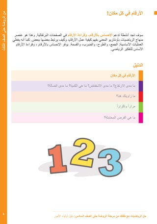 5
‫الثالث‬‫الصف‬‫حتى‬‫الروضة‬‫من‬
!‫مكان‬ ‫كل‬ ‫في‬ ‫األرقام‬
‫عنصر‬ ‫هو‬ ‫وهذا‬ .‫البرتقالية‬ ‫الصفحات‬ ‫في‬ ‫األرقام‬ ‫وقراءة‬ ،‫باألرقام‬ ‫اإلحساس‬ ‫تدعم‬ ‫أنشطة‬ ‫تجد‬ ‫سوف‬
‫يغطي‬ ‫أنه‬ ‫كما‬ .‫ببعض‬ ‫بعضها‬ ‫يرتبط‬ ‫وكيف‬ ،‫األرقام‬ ‫عمل‬ ‫كيفية‬ ‫بفهم‬ ‫المعني‬ ‫بأونتاريو‬ ‫الرياضيات‬ ‫منهاج‬
‫األرقام‬ ‫وقراءة‬ ، ‫باألرقام‬ ‫اإلحساس‬ ‫يوفر‬ .‫والقسمة‬ ،‫والضرب‬ ،‫والطرح‬ ،‫الجمع‬ :‫األساسية‬ ‫العمليات‬
.‫الرياضي‬ ‫للتفكير‬ ‫األساس‬
‫الدليل‬
‫مكان‬ ‫كل‬ ‫في‬ ‫األرقام‬
‫الضآلة؟‬ ‫مدى‬ ‫ما‬ ‫الكمية؟‬ ‫هي‬ ‫ما‬ ‫االنخفاض؟‬ ‫مدى‬ ‫ما‬ ‫االرتفاع؟‬ ‫مدى‬ ‫ما‬
‫هنا؟‬ ‫زاويتك‬ ‫ما‬
ً‫ا‬‫وتكرار‬ ً‫ا‬‫مرار‬
‫المحتملة؟‬ ‫الفرص‬ ‫هي‬ ‫ما‬
‫األمور‬ ‫أولياء‬ ‫دليل‬ :‫السادس‬ ‫الصف‬ ‫حتى‬ ‫الروضة‬ ‫مرحلة‬ ‫من‬ ‫طفلك‬ ‫مع‬ ‫الرياضيات‬ ‫حل‬
 