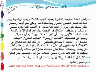 ‫السابعة‬ ‫العادة‬:‫حادا‬ ‫منشارك‬ ‫ابق‬
‫وتعني‬‫العادة‬‫بعملية‬ ‫واألخيرة‬ ‫السابعة‬"‫الذات‬ ‫تجديد‬",‫بباقي‬ ‫تحيط‬ ‫أن‬ ‫ويجب‬
‫الست‬ ‫العادات‬,‫دائما‬ ‫معك‬ ‫استمراريتها‬ ‫لضمان‬,‫وتتحسن‬ ‫أيضا‬ ‫تنمو‬ ‫ولكي‬.
‫جديدة‬ ‫لغة‬ ‫تتعلم‬ ‫أن‬ ‫تقرر‬ ‫حين‬ ‫لنفسك‬ ‫انظر‬,‫إ‬‫ذا‬‫أ‬‫هملت‬‫ستنسى‬ ‫لفترة‬ ‫اللغة‬
‫مرادفاتها‬,‫بها‬ ‫التحدث‬ ‫في‬ ‫مستواك‬ ‫وسينخفض‬..‫إ‬‫لخ‬,‫بالنسبة‬ ‫األمر‬ ‫كذلك‬
‫األولى‬ ‫الست‬ ‫للعادات‬,‫تبقيها‬ ‫أن‬ ‫يجب‬"‫حادة‬"‫جوانب‬ ‫أربع‬ ‫تنمية‬ ‫عبر‬
‫شخصيتك‬ ‫في‬ ‫رئيسية‬" :‫الروحي‬ ‫الجانب‬","‫العقلي‬ ‫الجانب‬","‫الجانب‬
‫الجسدي‬"‫و‬"‫االجتماعي‬ ‫الجانب‬/‫العاطفي‬",‫إلى‬ ‫تحتاج‬ ‫الجوانب‬ ‫تلك‬ ‫ألن‬
"‫تغذية‬"‫دائمين‬ ‫وتنمية‬.‫باهلل‬ ‫دائمة‬ ‫صلة‬ ‫على‬ ‫كن‬,‫ذهنك‬ ‫ونمى‬ ‫اقرأ‬,‫اهتم‬
‫وبصحتك‬ ‫بالرياضة‬,‫وأصدقائك‬ ‫عائلتك‬ ‫مع‬ ‫ممتازة‬ ‫عالقات‬ ‫على‬ ‫حافظ‬.
‫العادات‬ ‫تطبيق‬ ‫دائرة‬ ‫داخل‬ ‫ذلك‬ ‫كل‬ ‫سيبقيك‬,‫فعالية‬ ‫أكثر‬ ‫شخصية‬ ‫أجل‬ ‫من‬.
‫الشهر‬ ‫في‬ ‫كتابا‬ ‫اقرأ‬ ‫يقول‬ ‫فمثال‬...‫الشهر‬ ‫في‬ ‫ثالث‬ ‫ثم‬...‫ثم‬‫عشرة‬...
‫الكتابة‬ ‫تأصيل‬ ‫ثم‬
‫رسالتنا‬:‫المولى‬ ‫لمرضاة‬ ‫ابتغاء‬ ‫والمجتمع‬ ‫االنسان‬ ‫وإسعاد‬ ‫لتنمية‬ ‫الكامنة‬ ‫والقدرات‬ ‫األقوم‬ ‫االدراك‬ ‫تحقيق‬.
 