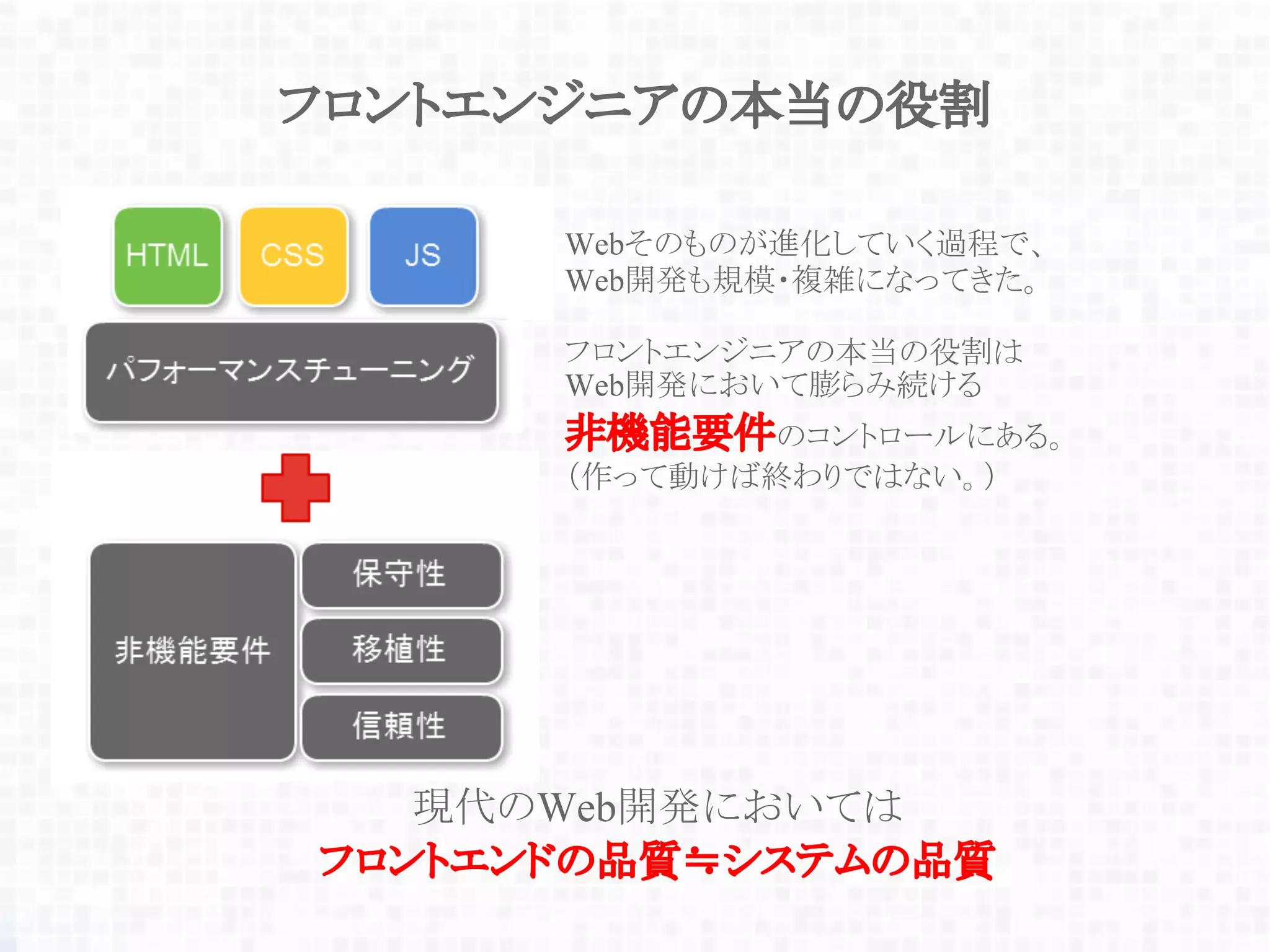 フロントエンジニアの本当の役割
Webそのものが進化していく過程で、
Web開発も規模・複雑になってきた。
フロントエンジニアの本当の役割は
Web開発において膨らみ続ける
非機能要件のコントロールにある。
（作って動けば終わりではない。）
現代のWeb開発においては
フロントエンドの品質≒システムの品質
 