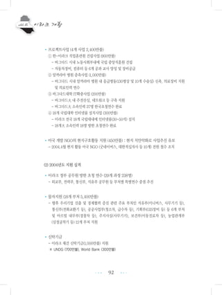 92
•프로젝트사업 (4개 사업 2,400만불)
① 한-이라크 직업훈련원 건립사업 (900만불)
- 바그다드 시내 노동사회부내에 국립 중앙직훈원 건립
- 자동차정비, 컴퓨터 등 6개 공과 교사 양성 및 장비공급
② 알까라마 병원 증축사업 (1,000만불)
- 바그다드 시내 알까라마 병원 내 응급병동(130병상 및 10개 수술실) 신축, 의료장비 지원
및 의료인력 연수
③ 바그다드대학 IT확충사업 (200만불)
- 바그다드大 내 주전산실, 네트워크 등 구축 지원
- 바그다드大 소속인력 37명 한국초청연수 완료
④ 18개 국립대학 인터넷룸 설치사업 (300만불)
- 이라크 전국 18개 국립대내에 인터넷룸(30-50석) 설치
- 18개大 소속인력 18명 방한 초청연수 완료
•아국 개발 NGO의 현지구호활동 지원 (450만불) : 현지 치안악화로 사업추진 유보
- 2004.4월 현지 활동 아국 NGO (굿네이버스, 대한적십자사 등 10개) 전원 철수 조치
(2) 2004년도 지원 실적
•이라크 정부 공무원 방한 초청 연수 (29개 과정 238명)
- 외교부, 전력부, 통신부, 석유부 공무원 등 부처별 특별연수 중점 추진
•물자지원 (18개 부처 5,400만불)
- 향후 우리기업 진출 및 경제협력 증진 관련 주요 부처인 석유부(미니버스, 사무기기 등),
통신부(전화교환기 등), 공공사업부(청소차, 급수차 등), 기획부(GIS장비 등) 등 6개 부처
및 아르빌 내무부(경찰차 등), 주지사실(사무기기), 보건부(이동진료차 등), 농업관개부
(심정굴착기 등) 12개 부처 지원
•신탁기금
- 이라크 재건 신탁기금(1,000만불) 지원
※ UNDG (700만불), World Bank (300만불)
•••
•••
 