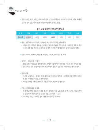 112
• 쿠르드족은 터키, 이란, 이라크에 걸쳐 2,700만 이상이 거주하고 있으며, 세계 최대의
소수민족이지만, 아직 민족국가를 수립하지 못하고 있음.
【 전 세계 쿠르드 인구 분포(추정) 】
• 종교 : 이슬람(수니)(96%), 기독교(구교), 이슬람(시아), 예지디 등
- 세속주의적 이슬람 경향을 드러내고 있으며(종교와 쿠르드족의 이해관계 상충시 후자
우선), 교회설립 허용 등 종교적 관용 정책 (아르빌 시내 아잉카와 등에 기독교도 거주)
• 인종 : 쿠르드계(98%), 아랍계, 이란계, 터키계, 아시리안계, 기타
• 공식어 : 쿠르드어, 아랍어
- 2005.10월 국민투표로채택된이라크헌법은아랍어및 쿠르드어를이라크공식언어로규정
- 쿠르드어는 인도 유럽어에 속하며 페르시아어 방언의 일종으로 아랍어와는 별개의 언어
• 자연 지형
- 아르빌 남북으로는 소자브 강과 대자브강이 흐르고 있으며, 이란과의 국경지역인 이라크
북서부 지역에는 자그로스 산맥이 위치
- 아르빌은 해발 400~1,000m의 고원지대이며, 남서부는 평야지대
• 기후 : 건조한 대륙성 기후
- 하계 평균기온은 34°C이며 7월 평균이 39°C로 가장 높고(최고 49°C), 동계는 평균기온이
7~18°C이며 1월 평균이 4~7°C로 가장 낮음(최저 -7°C)
- 10-3월간 우기, 4-9월간 건기 (연평균 강우량은 400mm)
•••
•••
구 분 합계 터키 이란 이라크 시리아 구소련 기타
쿠르드족 2,700만 1,400만 600만 440만 100만 100만 250만
 