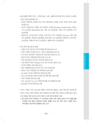 • 2010.9월말 현재 쿠르드 지역(아르빌, 도훅, 술래마니아주)에 투자 승인된 프로젝트
건수는 294건 138억불 규모
- 외국인 직접투자는 36억불, 외국-이라크 합작투자는 6.8억불, 이라크 내국인 투자는 229건
95억불 규모
- 외국인 직접투자를 국가별로 보면 쿠웨이트 16억불 (Kuwaitan Trading Bank), 레바논
7억 5,700만불 (ByblosBank SAI), 영국 1억 9,000만불, 이집트 3억 5,000만불, 미국
2,900만불
- 합작투자는 요르단/이라크 15억불, 미국/이라크 3억 1,600만불 (American 대학 설립
2억 3,600만불, 주택단지 8,000만불), 영국/이라크 1억 1,200만불 (주택단지), 터키/이라크
8,400만불, 쿠웨이트/이라크 5,100만불, 스웨덴/이라크 2,000만불 등
• 최근 외국기업 진출 등 동향
- 이태리 57개 기업 단독 아르빌 박람회 개최 (2008.6.9-13)
- 프랑스 경제부 투자과장 쿠르드 시장조사 방문(2008.6.16-26)
- 오스트리아 상공회의소 대표단(12개 기업) 방문 (2008.6.15-21)
- 제4차 아르빌 국제박람회 개최 (2008.10.15-19)
- 독일 업계 대표단 (약 50개 기업) 방문 (2008.10.21)
- 독일 괴테인스티투트 Dialogue Point 개소 (아르빌, 2008.11.24)
- 아르빌 국제학교 개교 (2008.12.4)
- 일본 국제협력단(JICA) 아르빌 사무소 개소 (2009.3월)
- 레바논-프랑스 대학설립 추진 계획 발표 (2010.1월)
- Air Berlin 아르빌-술래마니아 취항 (2010.2월)
- GE 1,750 메가와트 발전소(2억불) 건설 계획 발표 (2010.2월)
- 프랑스 문화원 개원 (2010.2월)
- 터키, Dahuk주 Avro city 주택단지(5억불) 건설 계획(2010.5월)
- FlyDubai 아르빌 취항 (2010.7월)
• 쿠르드 지역은 지난 수십 년간 개발이 이루어지지 않았고, 천연 자원 등이 풍부할 뿐
아니라, 이라크 여타 지역과는 달리 상대적으로 안정된 치안 사정으로 인해 이라크 중심
시장 진출을 위한 교두보로서의 역할 등 경제 개발 잠재력은 다대
※ 美 상무성 이라크 투자재건 T/F 보고서에서 1991년 이후 상당한 정도의 자치 실현을 통해
조직화된 지방 정부와 상대적으로 안정된 경제를 가지고 있는 북부 쿠르드 지역을 이라크
투자진출의 전초지역으로 활용하는 방안 소개
121 •••
•••
XI.이라크북부쿠르드지역
 