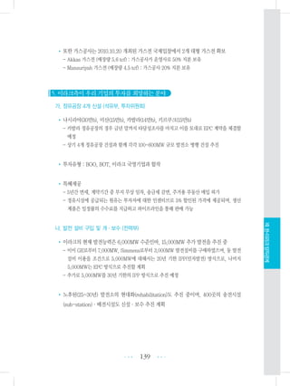 •또한 가스공사는 2010.10.20 개최된 가스전 국제입찰에서 2개 대형 가스전 확보
- Akkas 가스전 (매장량 5.6 tcf) : 가스공사가 운영사로 50% 지분 보유
- Mansuriyah 가스전 (매장량 4.5 tcf) : 가스공사 20% 지분 보유
5. 이라크측이 우리 기업의 투자를 희망하는 분야
가. 정유공장 4개 신설 (석유부, 투자위원회)
•나시리야(30만b), 미산(15만b), 카발라(14만b), 키르쿠크(15만b)
- 카발라 정유공장의 경우 금년 말까지 타당성조사를 마치고 이를 토대로 EPC 계약을 체결할
예정
- 상기 4개 정유공장 건설과 함께 각각 100-600MW 규모 발전소 병행 건설 추진
•투자유형 : BOO, BOT, 이라크 국영기업과 합작
•특혜제공
- 5년간 면세, 계약기간 중 부지 무상 임차, 송금세 감면, 주거용 부동산 매입 허가
- 정유시설에 공급되는 원유는 투자자에 대한 인센티브로 5% 할인된 가격에 제공되며, 생산
제품은 일정률의 수수료를 지급하고 파이프라인을 통해 판매 가능
나. 발전 설비 구입 및 개ㆍ보수 (전력부)
•이라크의 현재 발전능력은 6,000MW 수준인바, 15,000MW 추가 발전을 추진 중
- 이미 GE로부터 7,000MW, Simmens로부터 3,000MW 발전설비를 구매하였으며, 동 발전
설비 이용을 조건으로 5,000MW에 대해서는 20년 기한 IPP(민자발전) 방식으로, 나머지
5,000MW는 EPC 방식으로 추진할 계획
- 추가로 5,000MW를 30년 기한의 IPP 방식으로 추진 예정
•노후된(25-30년) 발전소의 현대화(rehabilitation)도 추진 중이며, 400곳의 송전시설
(sub-station)・배전시설도 신설・보수 추진 계획
139 •••
•••
XII.한-이라크양자관계
 