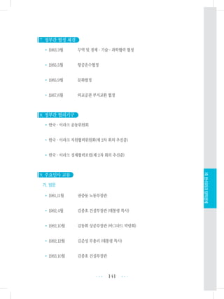 7. 정부간 협정 체결
•1983.3월 무역 및 경제・기술・과학협력 협정
•1985.5월 항공운수협정
•1985.9월 문화협정
•1987.6월 외교공관 부지교환 협정
8. 정부간 협의기구
•한국・이라크 공동위원회
•한국・이라크 자원협력위원회(제 2차 회의 추진중)
•한국・이라크 경제협력포럼(제 2차 회의 추진중)
9. 주요인사 교류
가. 방문
•1981.11월 권중동 노동부장관
•1982.4월 김종호 건설부장관 (대통령 특사)
•1982.10월 김동휘 상공부장관 (바그다드 박람회)
•1982.12월 김준성 부총리 (대통령 특사)
•1983.10월 김종호 건설부장관
141 •••
•••
XII.한-이라크양자관계
 