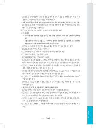 - 2002.9.12 부시 대통령, UN총회 연설을 통해 장거리 미사일 및 WMD 즉각 폐기, 테러
지원중단, 국민억압 중지 등 5개항을 이라크에 요구
※향후 UN과의 협력 의사를 표명하면서도 UN 차원의 문제 해결 실패시 일방적 조치 의사 천명
- 2002.10.11 美 의회, 대통령의 對이라크 무력사용 권한 부여 결의 채택 (하원 : 찬성 296/
반대 133, 상원 : 찬성 75/반대 25)
- 2002.11.8 UN 안보리 對이라크 결의 제1441호 만장일치 채택
※ 주요 내용
- 이라크에 대해 무장해제 의무를 준수할 최종기회를 부여하며, 이를 위해 강화된 사찰체제를
설립
- 사찰과정에서 이라크측 비협조시“추가적인 중대한 의무위반”을 구성하며, 동 의무위반
문제를 안보리가 평가(assessment)토록 하는 문안 추가
- 2002.11.13 이라크는 안보리결의 제1441호에서 규정한 무기사찰 수용의사 표명
- 2002.11.27 UN 사찰단, 이라크 사찰 개시
- 2002.12.6 이라크는 WMD 보유사실 부인 신고서를 안보리에 제출
- 2003.1.9 UN 사찰단, 안보리 1차 브리핑
- 2003.1.27 UN 사찰단, 안보리 2차 브리핑
- 2003.1.30 유럽 8개 정상(영국, 스페인, 포르투갈, 이탈리아, 체코, 헝가리, 폴란드, 덴마크),
이라크 WMD 무장해제를 위한 유럽과 미국간의 연합 촉구 공동서한을 주요국 언론에 발표
- 2003.2.5 Powell 美 국무장관, 안보리 외무장관 회의에서 이라크의 WMD 은닉 증거(위성
사진, 전화통화 감청 정보, 목격자 증언 등) 제시
- 2003.2.6 불가리아 등 NATO 가입희망 10개국(Vilnius Group), Powell 국무장관의 2.5
이라크 WMD 은닉 증거 제시 관련 미국 입장 지지 공동성명 발표
- 2003.2.8 GCC 6개 회원국은 GCC 공동방위군인“반도 방패군(Peninsula Shield Force)”
쿠웨이트 배치 결정
- 2003.2.10 Chirac 프랑스 대통령, Putin 러시아 대통령과 정상 회담후 불・러・독 3국
공동성명서 발표
※ 對이라크 사찰연장 및 강화를 통한 평화적 사태해결 희망
- 2003.2.14 UN사찰단, 안보리 3차 브리핑 (이라크의 사찰협력 진전 보고)
- 2003.2.17 EU 특별정상회의 개최, UN을 통한 이라크 무장해제 달성, 무력 사용은 최후
수단, 무기사찰단에 시간 부여 등을 내용으로 하는 성명서 발표
- 2003.2.18~19, 안보리 이라크 공개회의 개최, 사찰 지지, 이라크에 사찰협조 강화 촉구,
무력 사용 반대 및 평화적 사태 해결지지
- 2003.2.21 Blix UNMOVIC 위원장, 이라크측에 al-Samoud 2 미사일 및 로켓 엔진 폐기
요구
163 •••
•••
XIV.부록
 