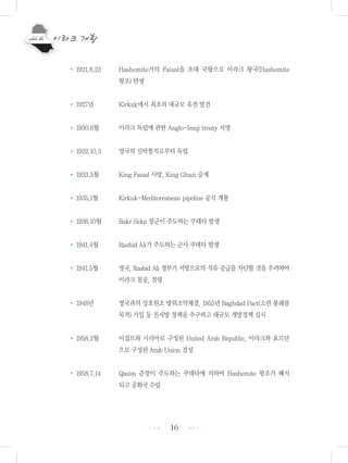 16
• 1921.8.23 Hashemite가의 Faisal을 초대 국왕으로 이라크 왕국(Hashemite
왕조) 탄생
• 1927년 Kirkuk에서 최초의 대규모 유전 발견
• 1930.6월 이라크 독립에 관한 Anglo-Iraqi treaty 서명
• 1932.10.3 영국의 신탁통치로부터 독립
• 1933.5월 King Faisal 사망, King Ghazi 승계
• 1935.1월 Kirkuk-Mediterranean pipeline 공식 개통
• 1936.10월 Bakr Sidqi 장군이 주도하는 쿠테타 발생
• 1941.4월 Rashid Ali가 주도하는 군사 쿠테타 발생
• 1941.5월 영국, Rashid Ali 정부가 서방으로의 석유 공급을 차단할 것을 우려하여
이라크 침공, 점령
• 1948년 영국과의 상호원조 방위조약체결, 1955년 Baghdad Pact(소련 봉쇄를
목적) 가입 등 친서방 정책을 추구하고 대규모 개발정책 실시
• 1958.2월 이집트와 시리아로 구성된 United Arab Republic, 이라크와 요르단
으로 구성된 Arab Union 결성
• 1958.7.14 Qasim 준장이 주도하는 쿠데타에 의하여 Hashemite 왕조가 폐지
되고 공화국 수립
•••
•••
 