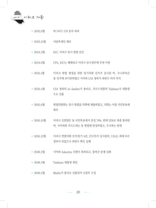 20
• 2003.8월 바그다드 UN 본부 폭파
• 2003.12월 사담후세인 체포
• 2004.3월 IGC, 이라크 임시 헌법 승인
• 2004.6월 CPA, IGC는 해체되고 이라크 임시정부에 주권 이양
• 2005.1월 이라크 헌법 제정을 위한 임시의회 선거가 실시된 바, 수니파측은
동 선거에 보이콧하였고 시아파 UIA 정파가 과반수 의석 차지
• 2005.4월 UIA 정파의 al-Jaafari가 총리로, 쿠르드연합의 Talabani가 대통령
으로 선출
• 2005.8월 헌법위원회는 임시 헌법을 의회에 제출하였고, 의회는 이를 국민투표에
회부
• 2005.10월 이라크 신헌법은 동 국민투표에서 찬성 78%, 반대 22%로 최종 통과된
바, 시아파와 쿠르드파는 동 헌법에 찬성하였고, 수니파는 반대
• 2005.12월 이라크 연방의회 선거(임기 4년, 275석)가 실시된바, UIA는 최대 다수
정파가 되었으나 과반수 획득 실패
• 2006.2월 시아파 Askariya 사원이 폭파되고, 종파간 분쟁 심화
• 2006.4월 Talabani 대통령 취임
• 2006.5월 Maliki가 총리로 선출되어 신정부 구성
•••
•••
 