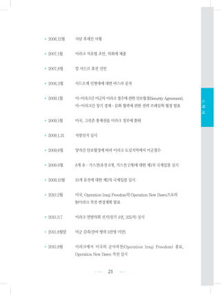 • 2006.12월 사담 후세인 사형
• 2007.1월 이라크 석유법 초안, 의회에 제출
• 2007.8월 알 사드르 휴전 선언
• 2008.3월 사드르계 민병대에 대한 바스라 공격
• 2009.1월 미-이라크간미군의이라크철수에관한안보협정(SecurityAgreement),
미-이라크간 장기 경제・문화 협력에 관한 전략 프레임웍 협정 발효
• 2009.1월 미국, 그린존 통제권을 이라크 정부에 환원
• 2009.1.31 지방선거 실시
• 2009.6월 양자간 안보협정에 따라 이라크 도심지역에서 미군철수
• 2009.6월 8개 유・가스전(유전 6개, 가스전 2개)에 대한 제1차 국제입찰 실시
• 2009.12월 10개 유전에 대한 제2차 국제입찰 실시
• 2010.2월 미국, Operation Iraqi Freedom의 Operation New Dawn으로의
對이라크 작전 변경계획 발표
• 2010.3.7 이라크 연방의회 선거(임기 4년, 325석) 실시
• 2010.8월말 미군 감축(잔여 병력 5만명 미만)
• 2010.9월 이라크에서 미국의 군사작전(Operation Iraqi Freedom) 종료,
Operation New Dawn 작전 실시
21 •••
•••
Ⅲ.약사
 