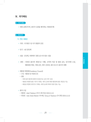 Ⅳ. 국가제도
1. 정치제도
• 연방 공화국이며, 총리가 실권을 행사하는 의원내각제
2. 행정부
가. 연방 대통령
• 지위 : 국가원수 및 국가 통합의 상징
• 임기 : 4년 중임제
• 선출 : 간선제, 의회에서 정원 2/3 다수결로 선출
• 권한 : 사면권 (총리의 제청으로 시행), 조약의 비준 및 법령 공포, 임시의회 소집,
대통령령 제정, 사형 승인, 대사 신임권, 총리 유고시 총리직 대행
• 대통령 위원회(Presidency Council)
- 구성 : 대통령 및 부통령 2인
- 권한
・ 의회 통과 법안에 대하여 만장일치로 승인 여부 결정
・ 대통령 위원회 법안 거부시 의회는 재적 1/2에 의해 대통령에 법안 재상정 가능
・ 대통령 위원회 재거부시 의회는 재적 3/5에 의하여 법안 발효 가능
• 현직 구성
- 대통령 : Jalal Talabani (쿠르드계 PUK) (2010.11.11)
- 부통령 : Adel Abdul Mahdi (시아계), Tariq al-Hashimi (수니계) (2010.11.11)
25 •••
•••
Ⅳ.국가제도
 