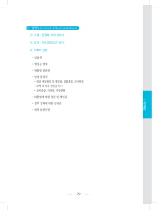 3. 입법부(Council of Representatives)
가. 구성 : 단원제, 의석 325석
나. 임기 : 4년 (2010.3.7 선거)
다. 의회의 권한
• 입법권
• 행정부 견제
• 대통령 선출권
• 임명 동의권
- 연방 대법원장 및 대법관, 검찰총장, 감사원장
- 대사 및 일부 장관급 인사
- 참모총장, 사단장, 국정원장
• 대통령에 대한 청문 및 해임권
• 정부 정책에 대한 심의권
• 내각 불신임권
29 •••
•••
Ⅳ.국가제도
 