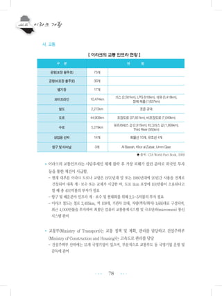 78
사. 교통
【 이라크의 교통 인프라 현황 】
♣ 출처 : CIA World Fact Book, 2009
•이라크의 교통인프라는 사담후세인 체제 몰락 후 가장 피해가 컸던 분야로 외국인 투자
등을 통한 재건이 시급함.
- 현재 대부분 이라크 도로나 교량은 1970년대 말 또는 1980년대에 20년간 사용을 전제로
건설되어 대폭 개・보수 또는 교체가 시급한 바, 도로 1km 포장에 100만불이 소요된다고
할 때 총 400억불의 투자가 필요
- 항구 및 해운분야 인프라 개ㆍ보수 및 현대화를 위해 2.5~5억불의 투자 필요
- 이라크 철도는 철로 2,405km, 역 109개, 기관차 31대, 차량(객차/화차) 1,685대로 구성되며,
최근 4,000만불을 투자하여 최첨단 컴퓨터 교통통제시스템 및 극초단파(microwave) 통신
시스템 완비
• 교통부(Ministry of Transport)는 교통 정책 및 계획, 관리를 담당하고 건설주택부
(Ministry of Construction and Housing)는 고속도로 관리를 담당
- 건설주택부 산하에는 15개 국영기업이 있으며, 부분적으로 교통부도 동 국영기업 운영 및
감독에 관여
•••
•••
구 분 현 황
공항(포장 활주로) 75개
공항(비포장 활주로) 30개
헬기장 17개
파이프라인 10,474km
가스 (2,501km), LPG (918km), 석유 (5,418km),
정제 제품 (1,637km)
철도 2,272km 표준 규격
도로 44,900km 포장도로 (37,851km), 비포장도로 (7,049km)
수로 5,279km
유프라테스 강 (2,815km), 티그리스 강 (1,899km),
Third River (565km)
상업용 선박 14개 화물선 10개, 유조선 4개
항구 및 터미널 3개 Al Basrah, Khor al Zubair, Umm Qasr
 