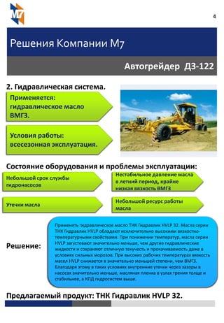 4
Решения Компании М7
Автогрейдер ДЗ-122
2. Гидравлическая система.
Состояние оборудования и проблемы эксплуатации:
Решение:
Предлагаемый продукт: ТНК Гидравлик HVLP 32.
Применяется:
гидравлическое масло
ВМГЗ.
Условия работы:
всесезонная эксплуатация.
Небольшой ресурс работы
масла
Утечки масла
Нестабильное давление масла
в летний период, крайне
низкая вязкость ВМГЗ
Небольшой срок службы
гидронасосов
Применять гидравлическое масло ТНК Гидравлик HVLP 32. Масла серии
ТНК Гидравлик HVLP обладают исключительно высокими вязкостно-
температурными свойствами. При понижении температур, масла серии
HVLP загустевают значительно меньше, чем другие гидравлические
жидкости и сохраняют отличную текучесть и прокачиваемость даже в
условиях сильных морозов. При высоких рабочих температурах вязкость
масел HVLP снижается в значительно меньшей степени, чем ВМГЗ.
Благодаря этому в таких условиях внутренние утечки через зазоры в
насосах значительно меньше, масляная пленка в узлах трения толще и
стабильнее, а КПД гидросистем выше.
 