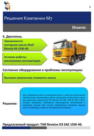 6
Решения Компании М7
Shaanxi.
4. Двигатель.
Состояние оборудования и проблемы эксплуатации:
Решение:
Предлагаемый продукт: ТНК Revolux D3 SAE 15W-40.
Применяется:
моторное масло Shell
Rimula R4 15W-40.
Условия работы:
всесезонная эксплуатация.
Высокая закупочная стоимость масла
Для сокращения затрат на моторные масла, а также для уменьшения
номенклатуры применяемых масел, предлагаем использовать масло
для дизельных двигателей ТНК Revolux D3 SAE 15W-40 API CI-4/SL,
которое превышает требования производителя автомобилей к
моторным маслам. Для точного определения интервала замены
масла необходимо провести программу мониторинга.
 