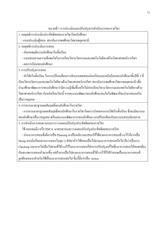 12
หมวดที่ 7 การประเมินและปรับปรุงการดาเนินการของรายวิชา
1. กลยุทธ์การประเมินประสิทธิผลของรายวิชาโดยนักศึกษา
- แบบประเมินผู้สอน สถาบันการพลศึกษาวิทยาเขอุดรธานี.
2. กลยุทธ์การประเมินการสอน
- สังเกตพฤติกรรมนักศึกษาในชั้นเรียน
- แบบสอบถามความพึงพอใจในการเรียนวิชานวัตกรรมและเทคโนโลยีทางด้านวิทยาศาสตร์การกีฬา
- ผลการเรียนของนักศึกษา
3. การปรับปรุงการสอน
- ทาวิจัยใȨั้Ȩรียน ในการเปรียบเทียบการทาแบบทดสอบก่อนเรียนและหลังเรียนของนักศึกษาชั้นปีที่ 3 ที่
เรียนวิชานวัตกรรมและเทคโนโลยีทางด้านวิทยาศาสตร์การกีฬา สถาบันการพลศึกษาวิทยาเขตอุดรธานี เพื่อ
นามาศึกษาพัฒนาการของนักศึกษาว่ามีความรู้เพิ่มขึ้นหรือไม่ก่อนเรียนวิชานวัตกรรมและเทคโนโลยีทางด้าน
วิทยาศาสตร์การกีฬา กับหลังเรียนวิชานี้ หากคะแนนพัฒนาของนักศึกษาคนใดไม่พัฒนาก็จะนามาสอนเสริม
เป็นรายบุคคล
4. การทวนมาตรฐานผลสัมฤทธิ์ของนักศึกษาในรายวิชา
- การทวนมาตรฐานผลสัมฤทธิ์ของนักศึกษาในรายวิชาโดยการนาผลจากงานวิจัยใȨั้Ȩรียน ซึ่งจะมีคะแนน
ของนักศึกษาเป็นรายบุคคล พร้อมคะแนนพัฒนาการของนักศึกษา มาเปรียบเทียบกับคะแนนสอบปลายภาค
5. การดาเนินการทบทวนและการวางแผนปรับปรุงประสิทธิผลของรายวิชา
ใช้วงจรเดมมิ่ง หรือ PDCA มาทบทวนและวางแผนปรับปรุงประสิทธิผลของรายวิชา
- นาแนวการสอนซึ่งถือว่าเป็น Planning มาเป็นหลัก และสอนให้ได้ตามแนวการสอนที่วางไว้ ถือว่าเป็น
Doing จากนั่นก็ทบทวนการสอนในทุก ๆ สัปดาห์ว่าได้สอนเป็นไปตามแนวการสอนหรือไม่ ถือว่าเป็นการ
Checking และหากไม่เป็นไปตามที่ได้วางไว้ในแนวการสอนก็ทาการปรับปรุงแก้ไขที่แนวการสอนให้สอดคล้อง
กับสภาพการสอนจริงมากขึ้น แต่ถ้าหากเป็นไปตามแนวการสอนที่ได้วางไว้ก็ให้กาหนดเป็นแนวการสอนที่
ถูกต้องเหมาะสาหรับใช้เป็นแนวการสอนต่อไป ขั้นนี้ถือว่าเป็น Action
 