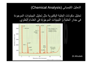 ‫اﻟﻜﻴﻤﻴﺎﺋﻲ‬ ‫اﻟﺘﺤﻠﻴﻞ‬)Chemical Analysis(
‫ﺗﺤﻠﻴﻞ‬ ‫ﻣﺜﻞ‬ ‫اﻟﺒﻜﺘﻴﺮﻳﺔ‬ ‫اﻟﺨﻠﻴﺔ‬ ‫ﻣﻜﻮﻧﺎت‬ ‫ﺗﺤﻠﻴﻞ‬‫اﻟﺒﻴﺒﺘﻴﺪات‬‫اﻟﻤﻮﺟﻮدة‬
‫و‬ ‫اﻟﺨﻠﻴﺔ‬ ‫ﺟﺪار‬ ‫ﻓﻲ‬‫اﻟﻠﻴﺒﻴﺪات‬‫اﻟﺨﻠﻮي‬ ‫اﻟﻐﺸﺎء‬ ‫ﻓﻲ‬ ‫اﻟﻤﻮﺟﻮدة‬.
Dr Alhudaib
 